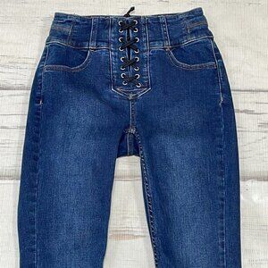 Free People Jeans Curvy Skinny Dark Wash Blue Denim High Rise Lace Up Size 24